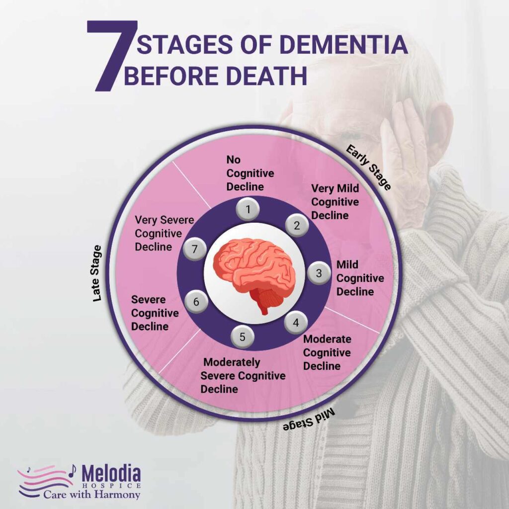Infographic showcasing the 7 stages of dementia before death.