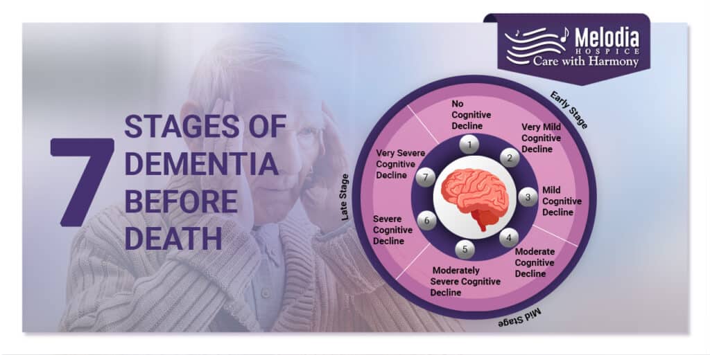 Infographic by melodia care illustrating the 7 stages of dementia before death