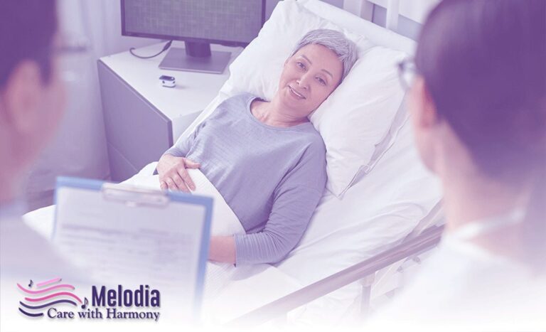 Elder woman on bed with doctors providing inpatient care.